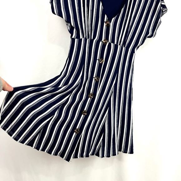 Bp Nordstrom Women’s XXS Button Front Prairie Mini Dress Navy Stripped Nautical - Picture 5 of 14